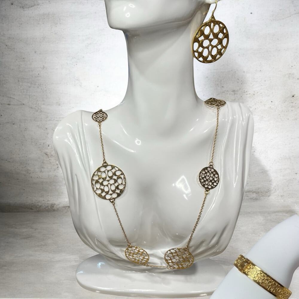 Coach Signature Gold Filigree Necklace, Bangle & Earring Jewelry Set